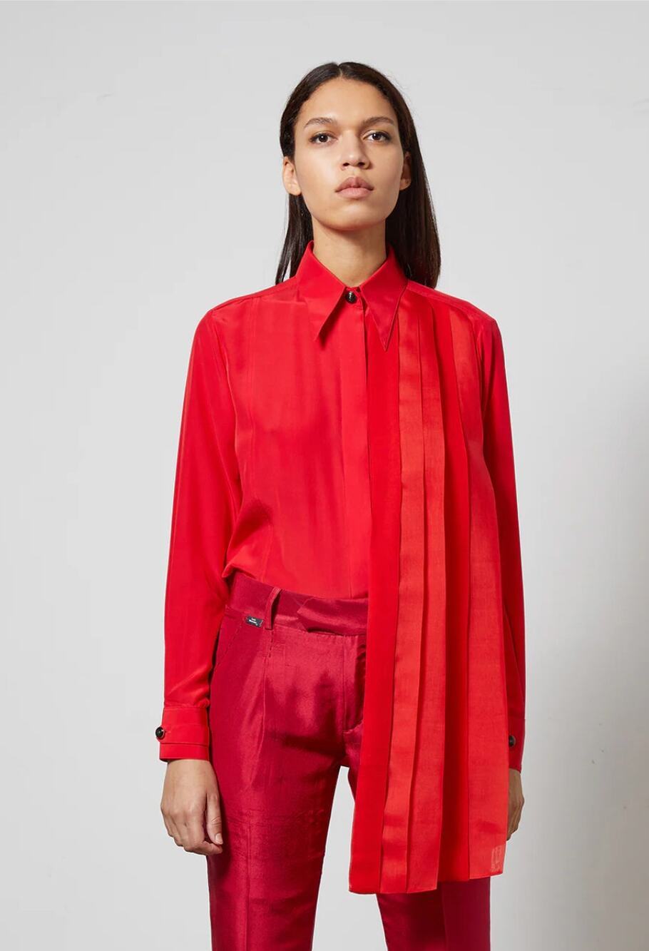 Lucie Brochard Top Womens S Red Silk French Designer Button Down Architectural